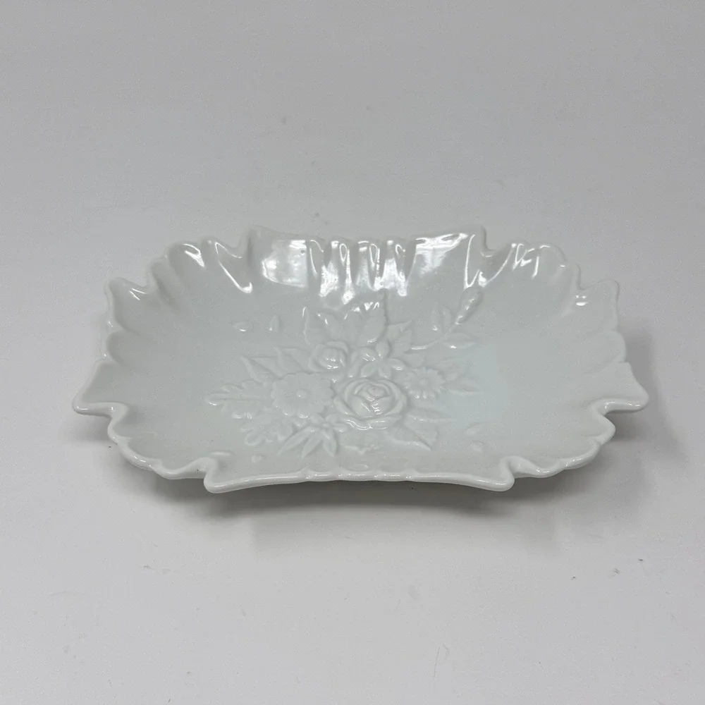 Vintage White Scalloped Porcelain Vanity Dish with Raised Floral Design – 6